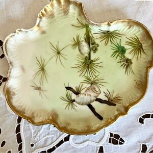 Limoges Vintage Unique Shape Dish Ceramic Ivory/Whit/Green w/ Gold Trim